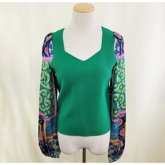 Rare Anthropologie Ribbed Green Knit Boho Satin Balloon Sleeves V Neck Blouse XL - Picture 1 of 10